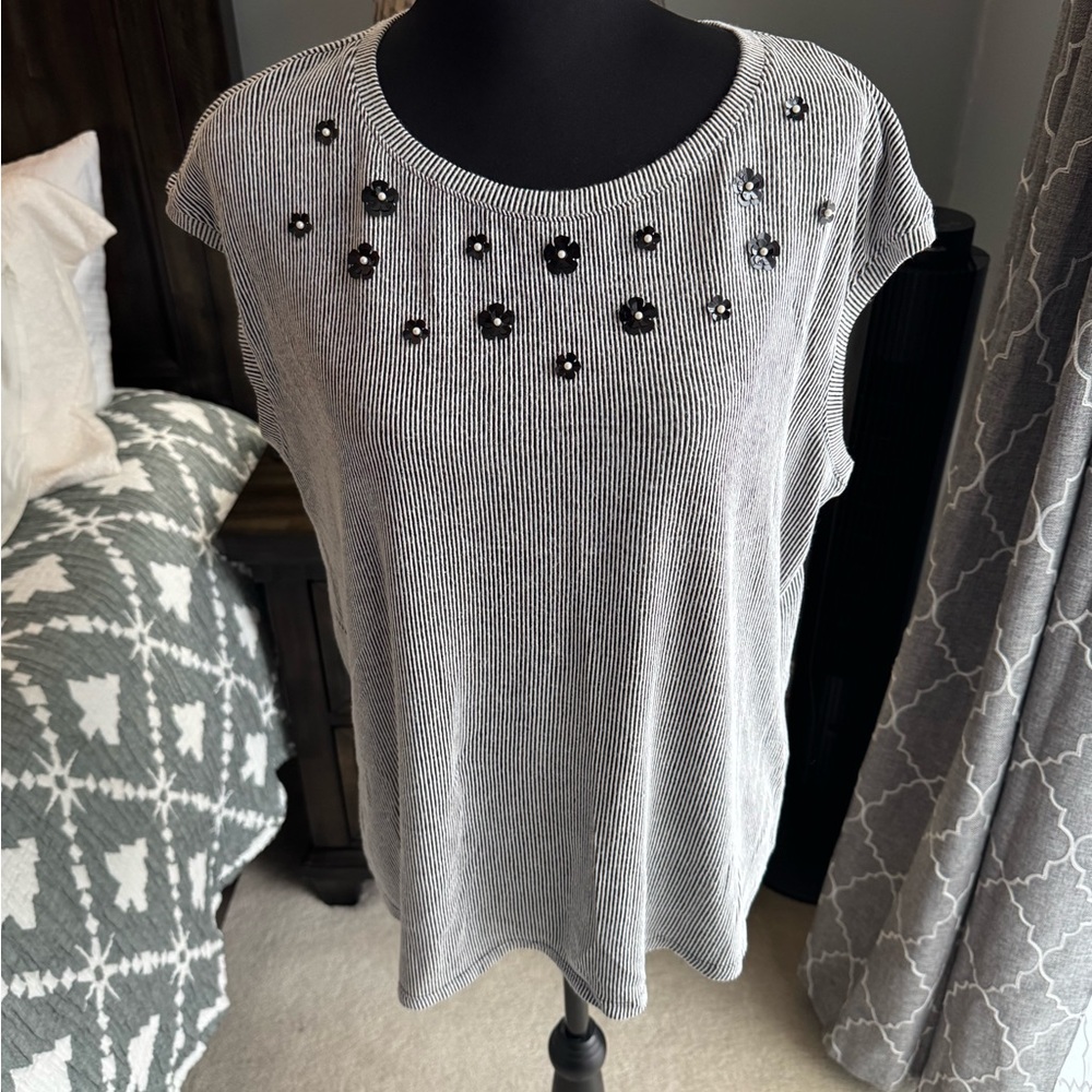 Elle Black and White Striped Blouse with Floral Accents
